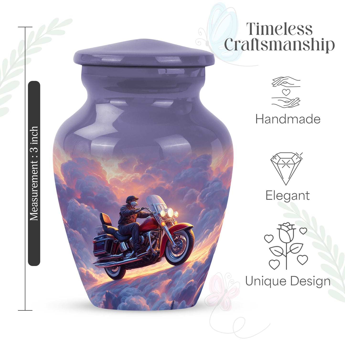 Sapphire Blue Bike Cremation Urn close-up of engraving and surface detail - traditional bike engraving with hand-polished finish - mini keepsake memorial for portion of cremation ashes