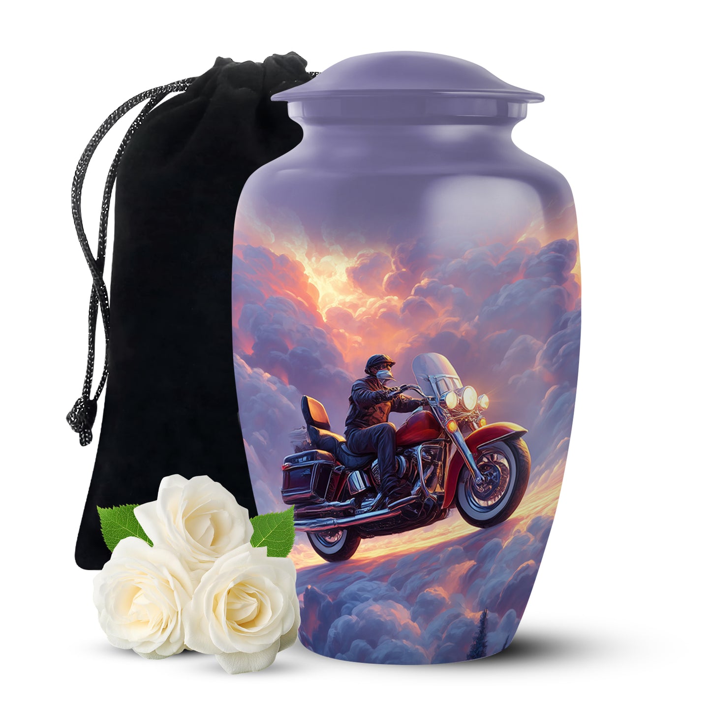 Vivid Blue Bike Cremation Urn angled view of lid and engraved motif - elegant classic bike relief with fine detailing - full-size 10 inch 200 cubic inch adult cremation urn