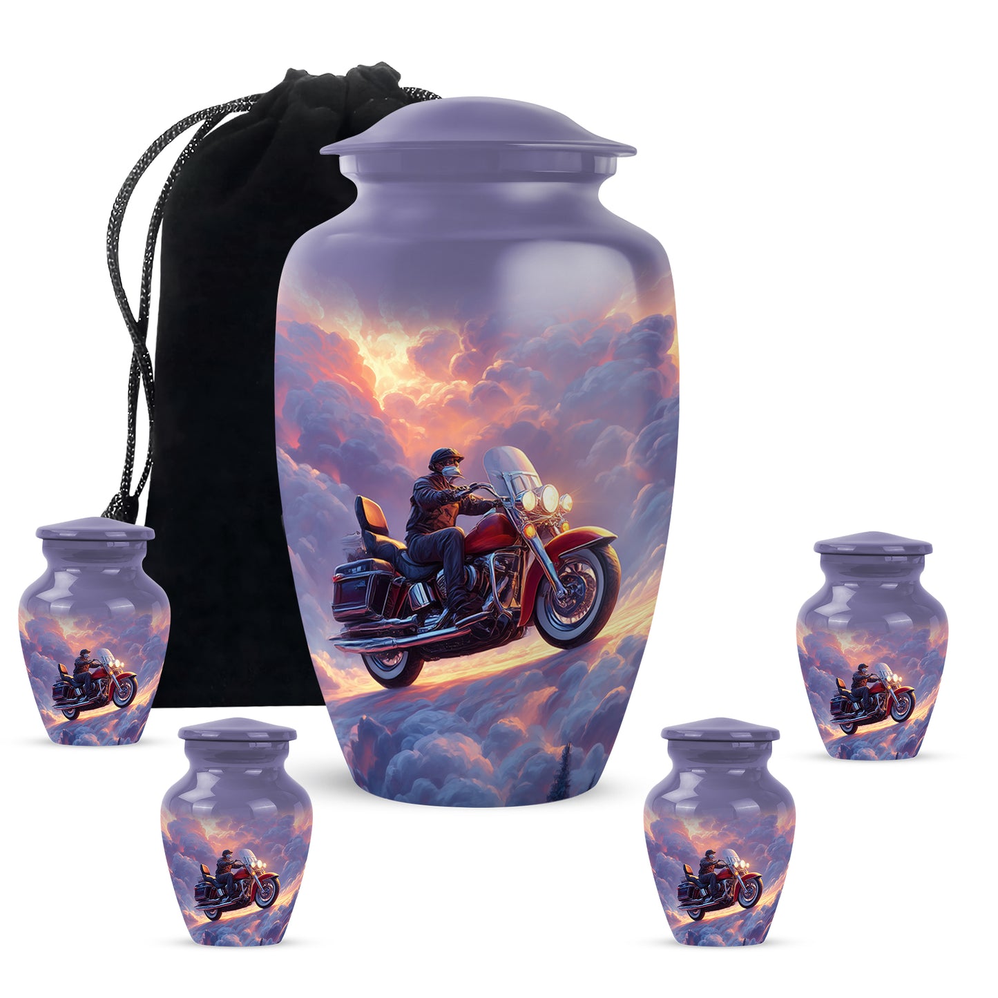 Pastel Blue Bike Cremation Urn top-down view of secure threaded lid - timeless bike motif etched into premium metal - memorial set with one large and four small urns