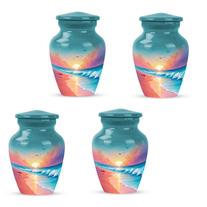 Mystic Teal Beach Cremation Urn side profile showing urn shape - traditional beach engraving with hand-polished finish - 10 inch aluminum urn for cremated remains