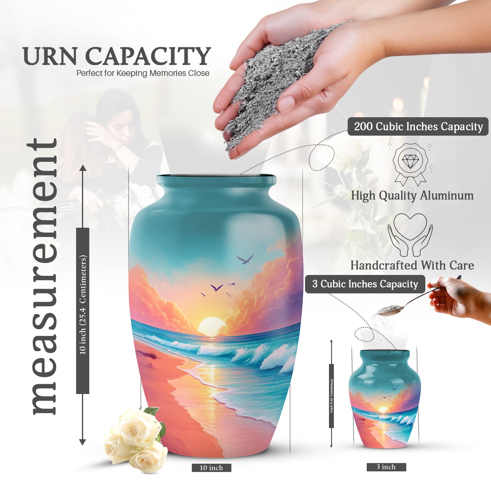 Sea Green Teal Beach Cremation Urn close-up of engraving and surface detail - classic sculpted beach pattern on smooth aluminum - mini keepsake memorial for portion of cremation ashes
