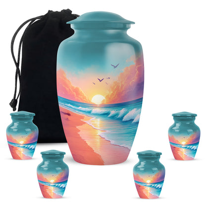 Deep Teal Beach Cremation Urn top-down view of secure threaded lid - elegant classic beach relief with fine detailing - memorial set with one large and four small urns