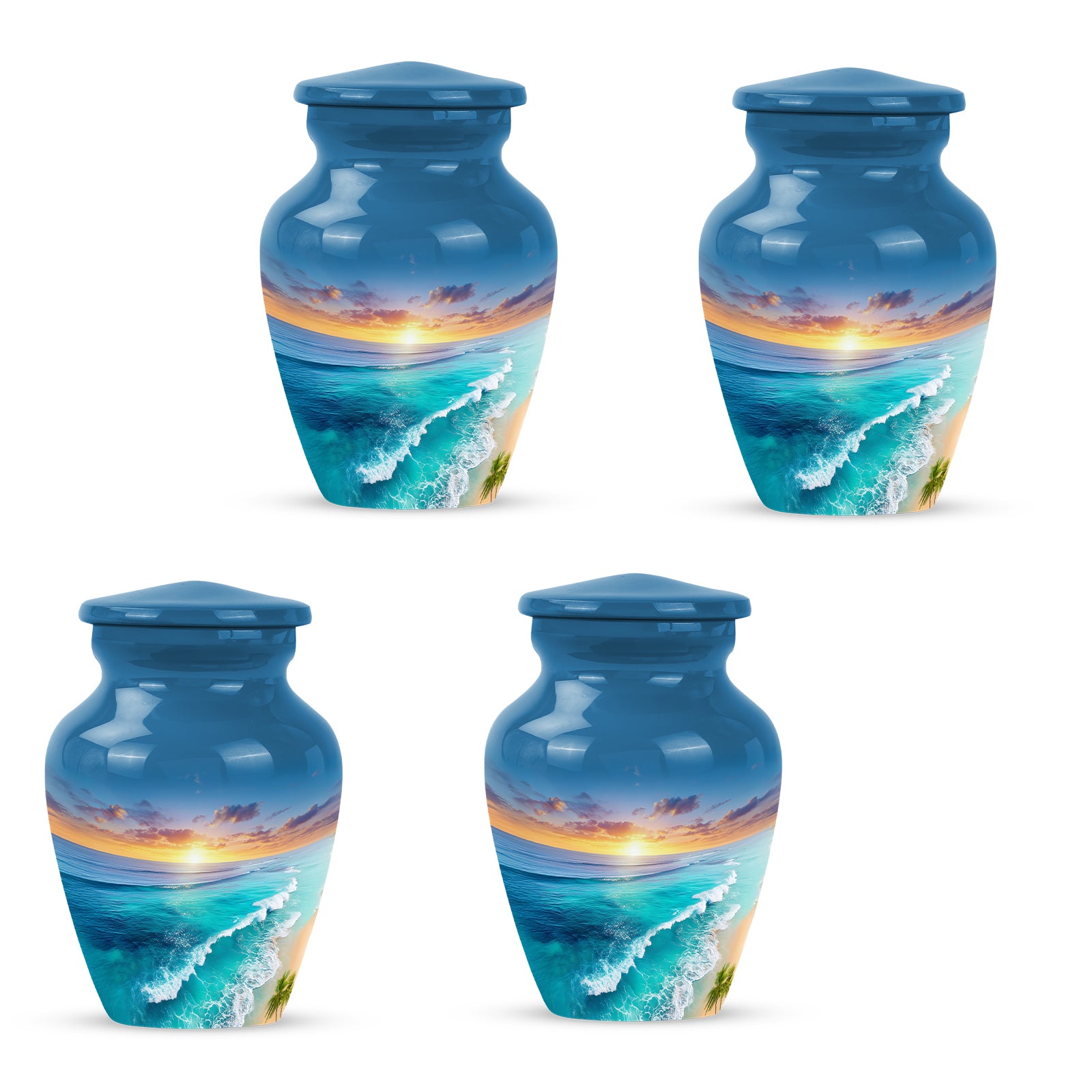 Cornflower Blue Beach Cremation Urn side profile showing urn shape - elegant classic beach relief with fine detailing - 10 inch aluminum urn for cremated remains