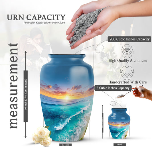 Cobalt Blue Beach Cremation Urn close-up of engraving and surface detail - traditional beach engraving with hand-polished finish - mini keepsake memorial for portion of cremation ashes