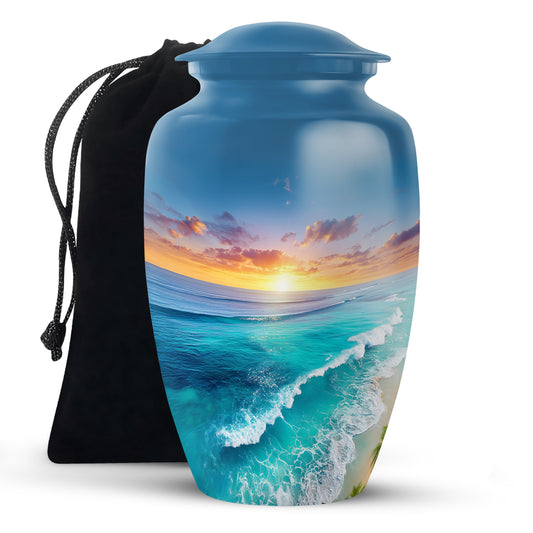 Cornflower Blue Beach Cremation Urn angled view of lid and engraved motif - traditional beach engraving with hand-polished finish - full-size 10 inch 200 cubic inch adult cremation urn