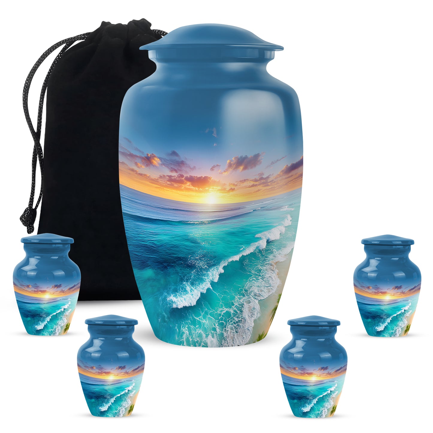 Icy Blue Beach Cremation Urn top-down view of secure threaded lid - classic sculpted beach pattern on smooth aluminum - memorial set with one large and four small urns