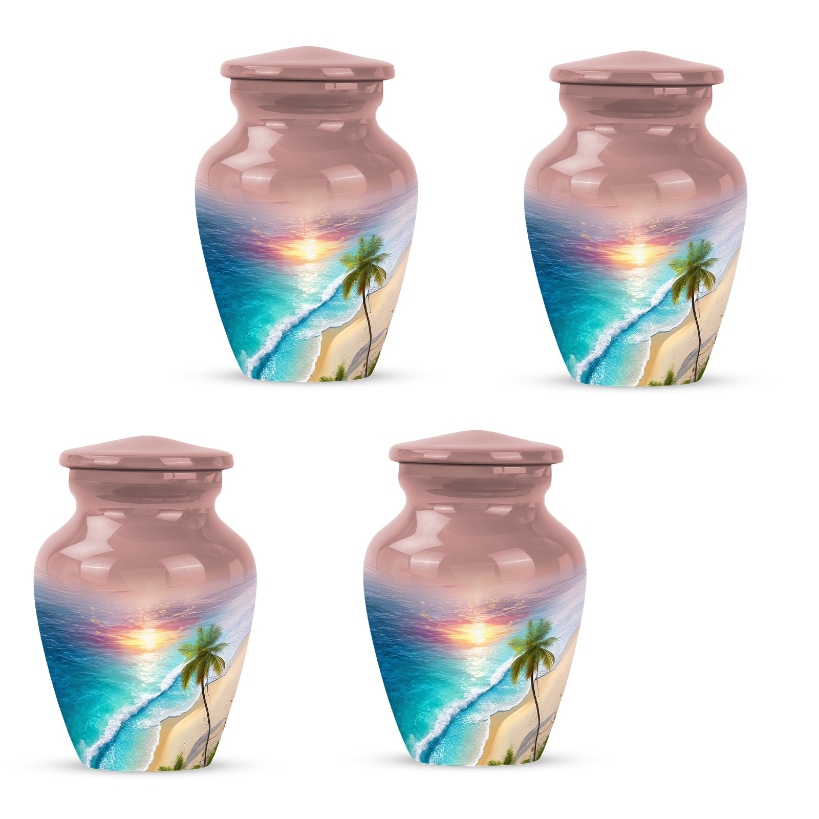 Cherry Red Beach Cremation Urn side profile showing urn shape - traditional beach engraving with hand-polished finish - 10 inch aluminum urn for cremated remains