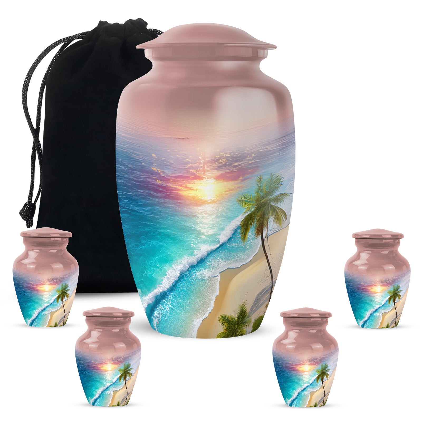 Burgundy Red Beach Cremation Urn top-down view of secure threaded lid - timeless beach motif etched into premium metal - memorial set with one large and four small urns