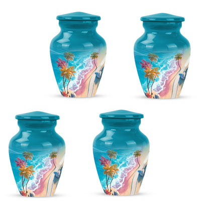 Cool Teal Beach Cremation Urn side profile showing urn shape - classic sculpted beach pattern on smooth aluminum - 10 inch aluminum urn for cremated remains