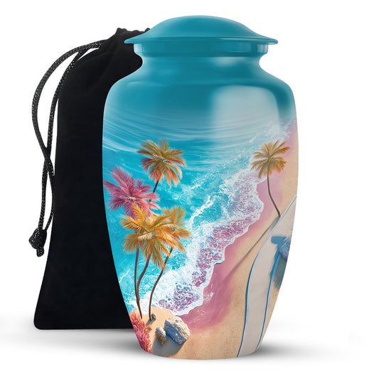 Soft Teal Beach Cremation Urn angled view of lid and engraved motif - classic sculpted beach pattern on smooth aluminum - full-size 10 inch 200 cubic inch adult cremation urn