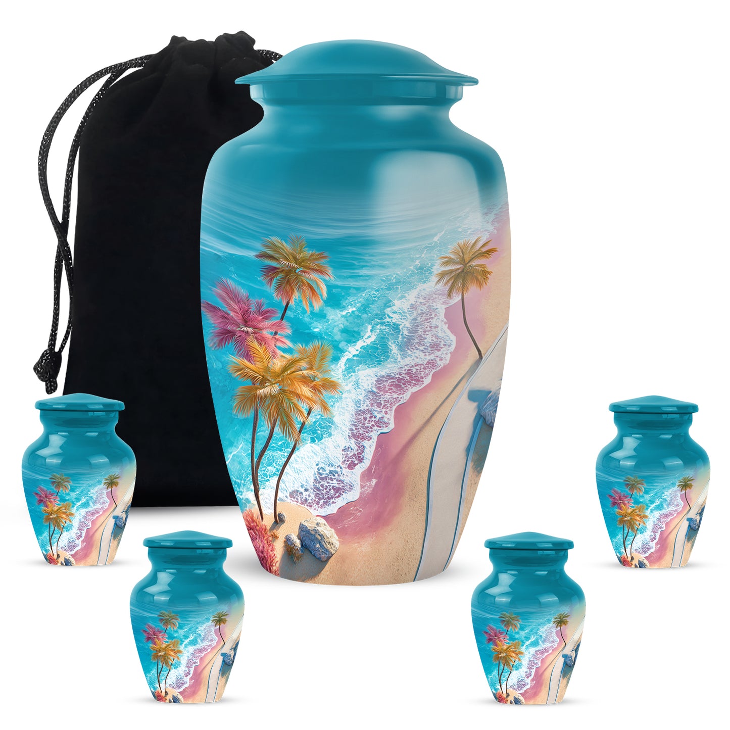 Tropical Teal Beach Cremation Urn top-down view of secure threaded lid - elegant classic beach relief with fine detailing - memorial set with one large and four small urns