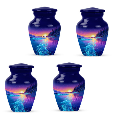 Powder Blue Beach Cremation Urn side profile showing urn shape - classic sculpted beach pattern on smooth aluminum - 10 inch aluminum urn for cremated remains
