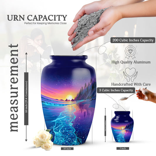 Icy Blue Beach Cremation Urn close-up of engraving and surface detail - classic sculpted beach pattern on smooth aluminum - mini keepsake memorial for portion of cremation ashes