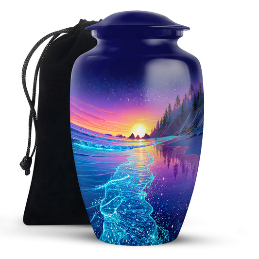 Celestial Blue Beach Cremation Urn angled view of lid and engraved motif - classic sculpted beach pattern on smooth aluminum - full-size 10 inch 200 cubic inch adult cremation urn