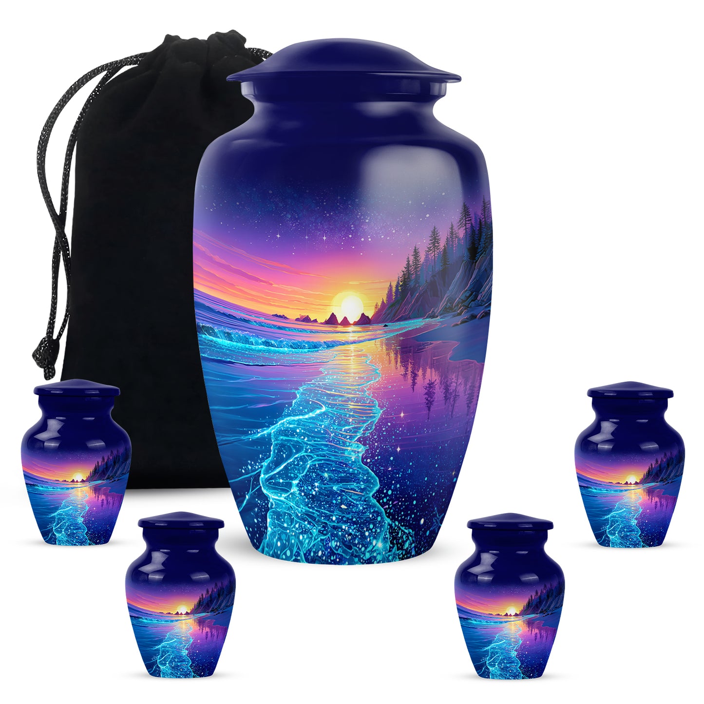Vivid Blue Beach Cremation Urn top-down view of secure threaded lid - traditional beach engraving with hand-polished finish - memorial set with one large and four small urns