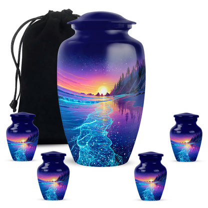 Vivid Blue Beach Cremation Urn top-down view of secure threaded lid - traditional beach engraving with hand-polished finish - memorial set with one large and four small urns