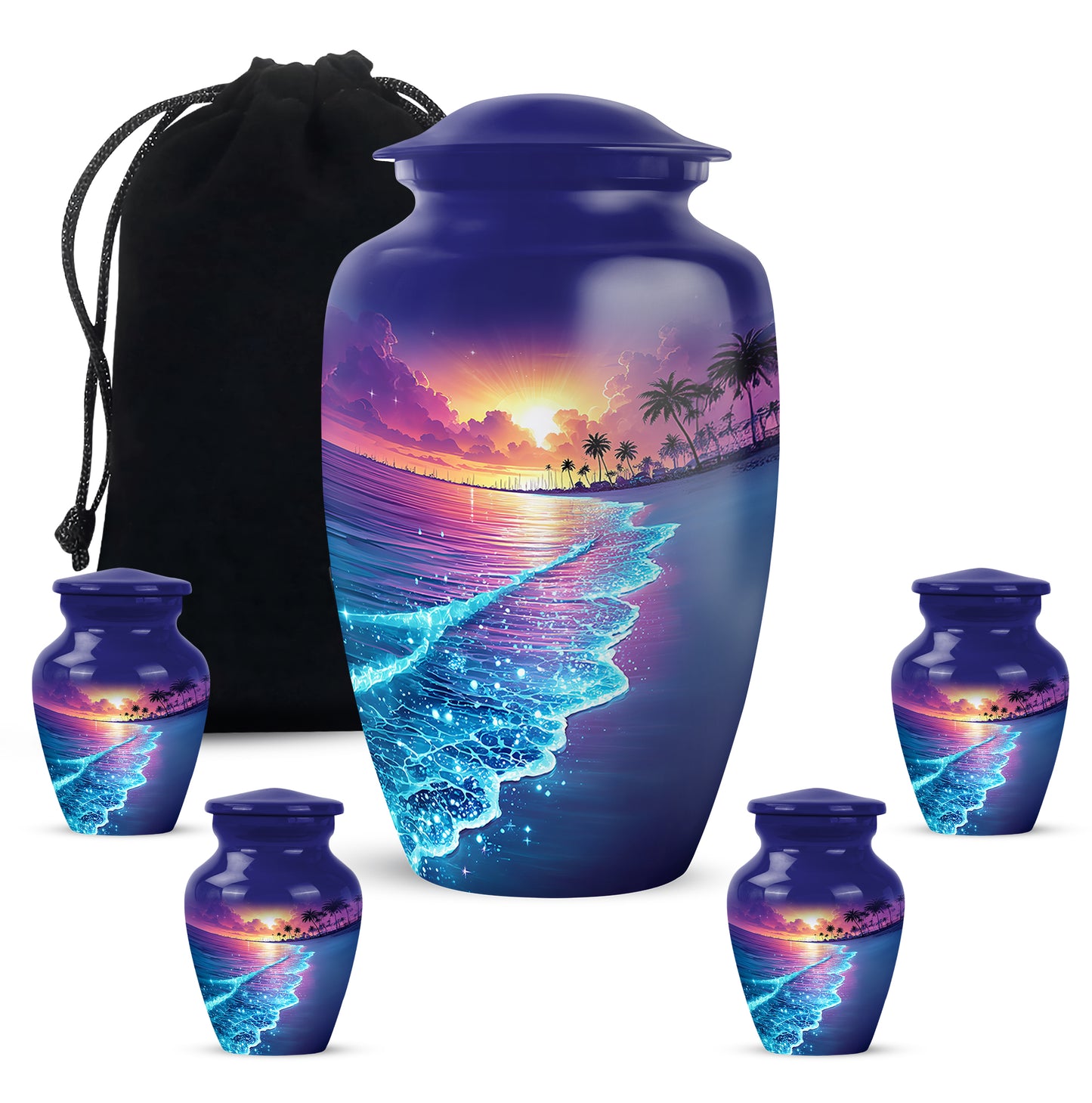 Slate Blue Beach Cremation Urn top-down view of secure threaded lid - classic sculpted beach pattern on smooth aluminum - memorial set with one large and four small urns
