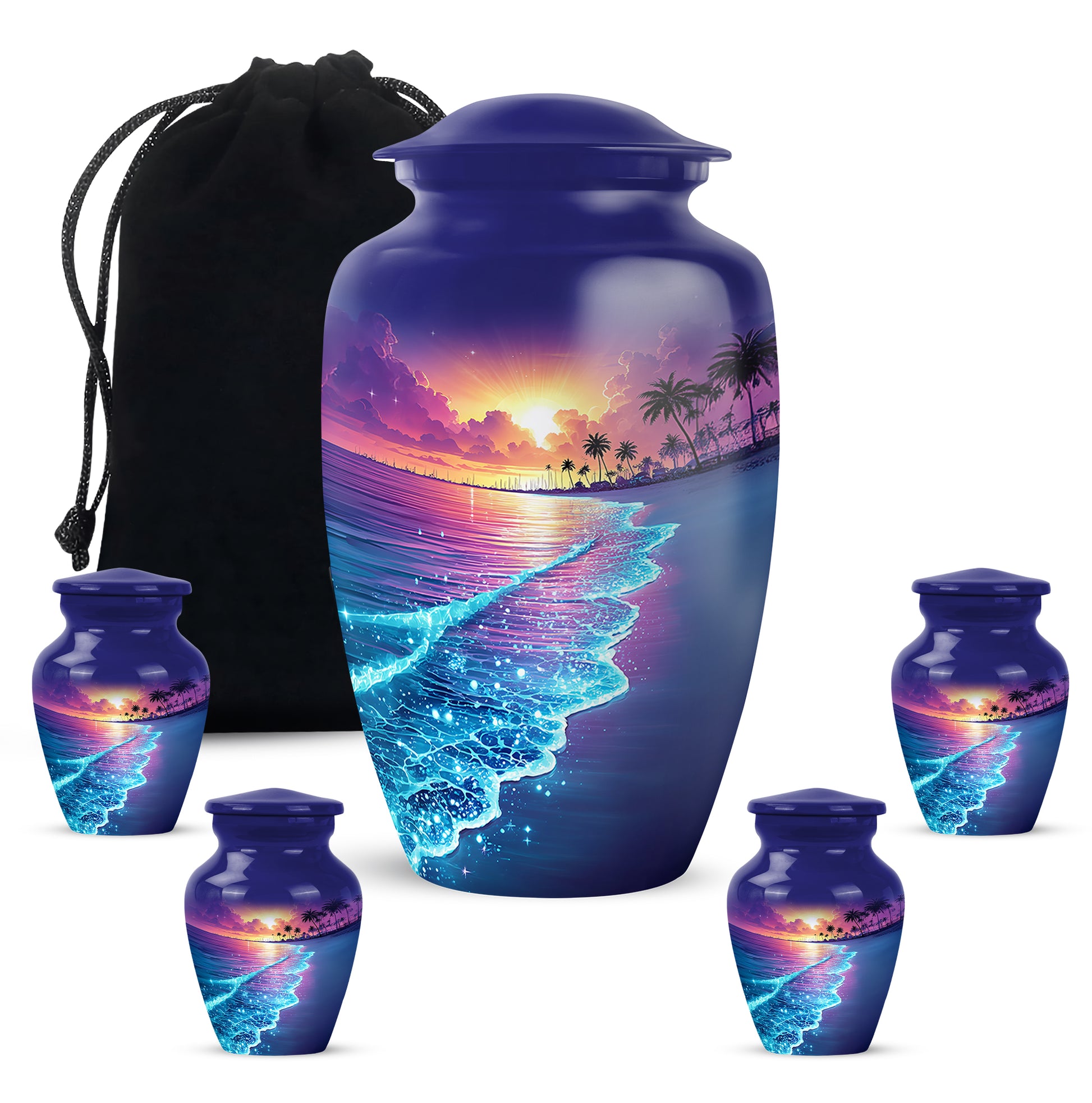 Slate Blue Beach Cremation Urn top-down view of secure threaded lid - classic sculpted beach pattern on smooth aluminum - memorial set with one large and four small urns