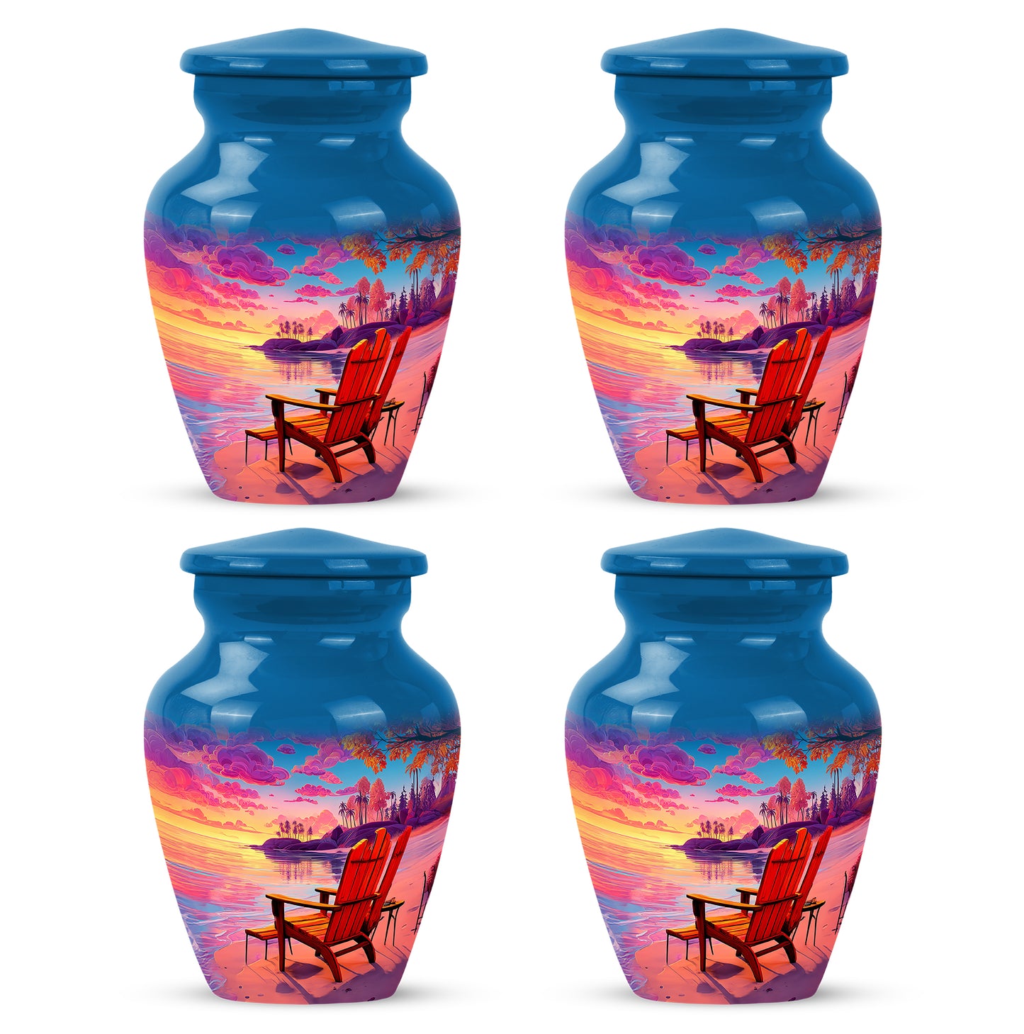 Navy Blue Beach Cremation Urn side profile showing urn shape - timeless beach motif etched into premium metal - 10 inch aluminum urn for cremated remains