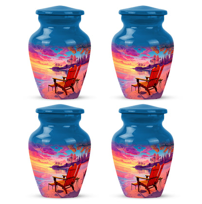 Navy Blue Beach Cremation Urn side profile showing urn shape - timeless beach motif etched into premium metal - 10 inch aluminum urn for cremated remains