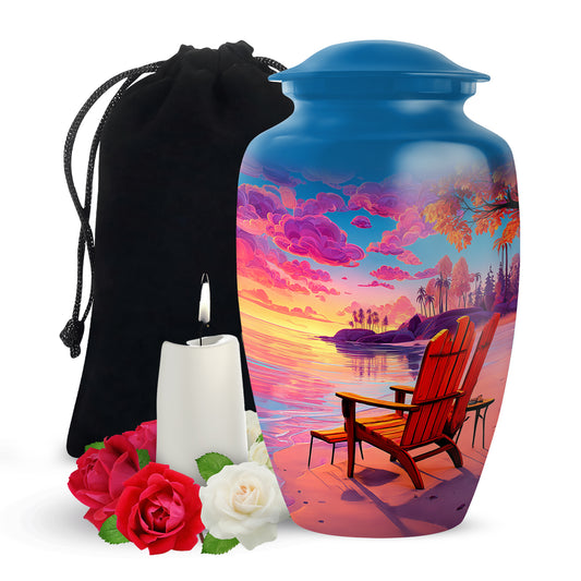 Sapphire Blue Beach Cremation Urn angled view of lid and engraved motif - elegant classic beach relief with fine detailing - full-size 10 inch 200 cubic inch adult cremation urn