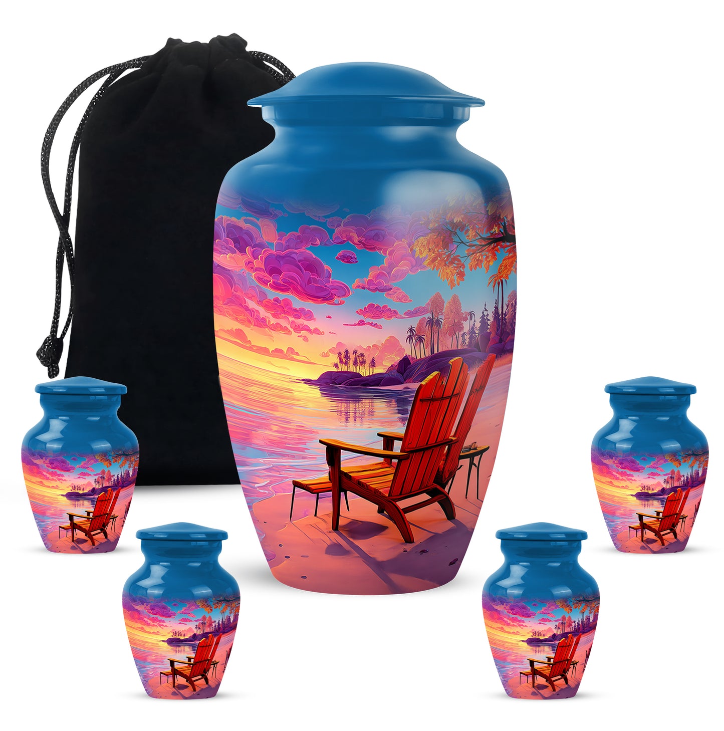 Royal Blue Beach Cremation Urn top-down view of secure threaded lid - traditional beach engraving with hand-polished finish - memorial set with one large and four small urns