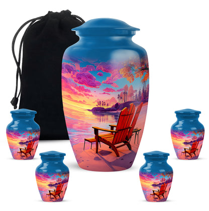 Royal Blue Beach Cremation Urn top-down view of secure threaded lid - traditional beach engraving with hand-polished finish - memorial set with one large and four small urns