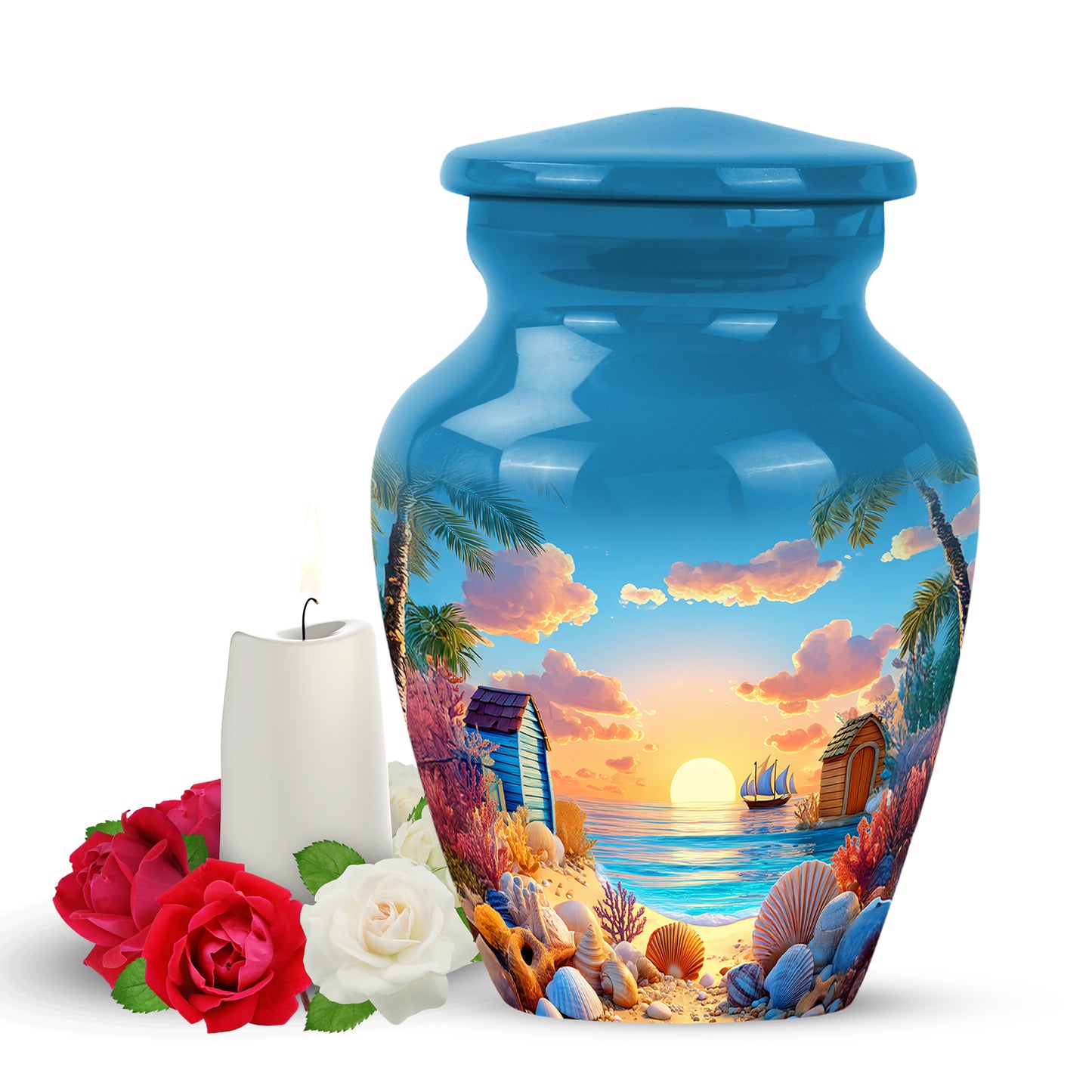 Blue Exquisite Beach Memorial Urn for Ashes - 10-inch, 200 cu in - Yatskia