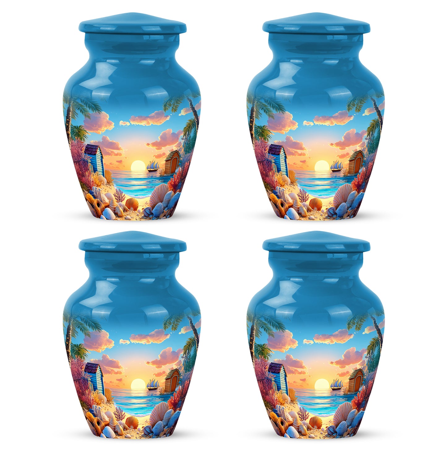 Slate Blue Beach Cremation Urn side profile showing urn shape - classic sculpted beach pattern on smooth aluminum - 10 inch aluminum urn for cremated remains