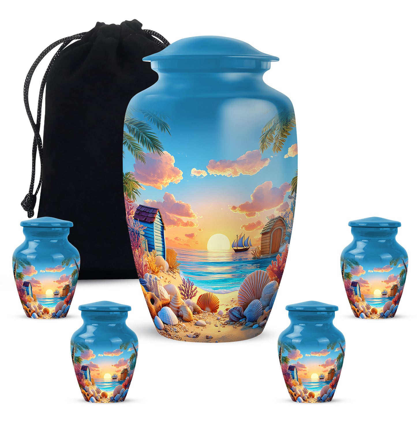 Calming Blue Beach Cremation Urn top-down view of secure threaded lid - traditional beach engraving with hand-polished finish - memorial set with one large and four small urns