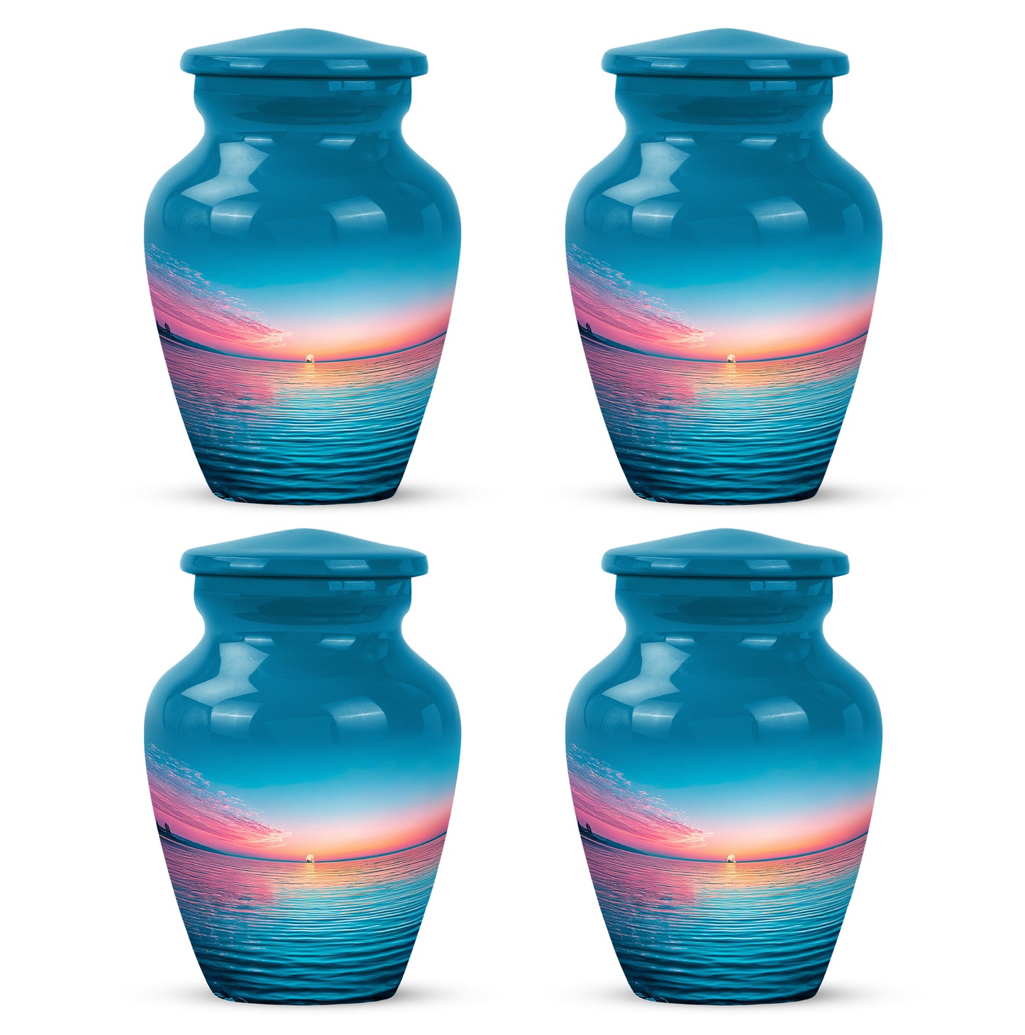 Misty Blue Beach Cremation Urn side profile showing urn shape - timeless beach motif etched into premium metal - 10 inch aluminum urn for cremated remains
