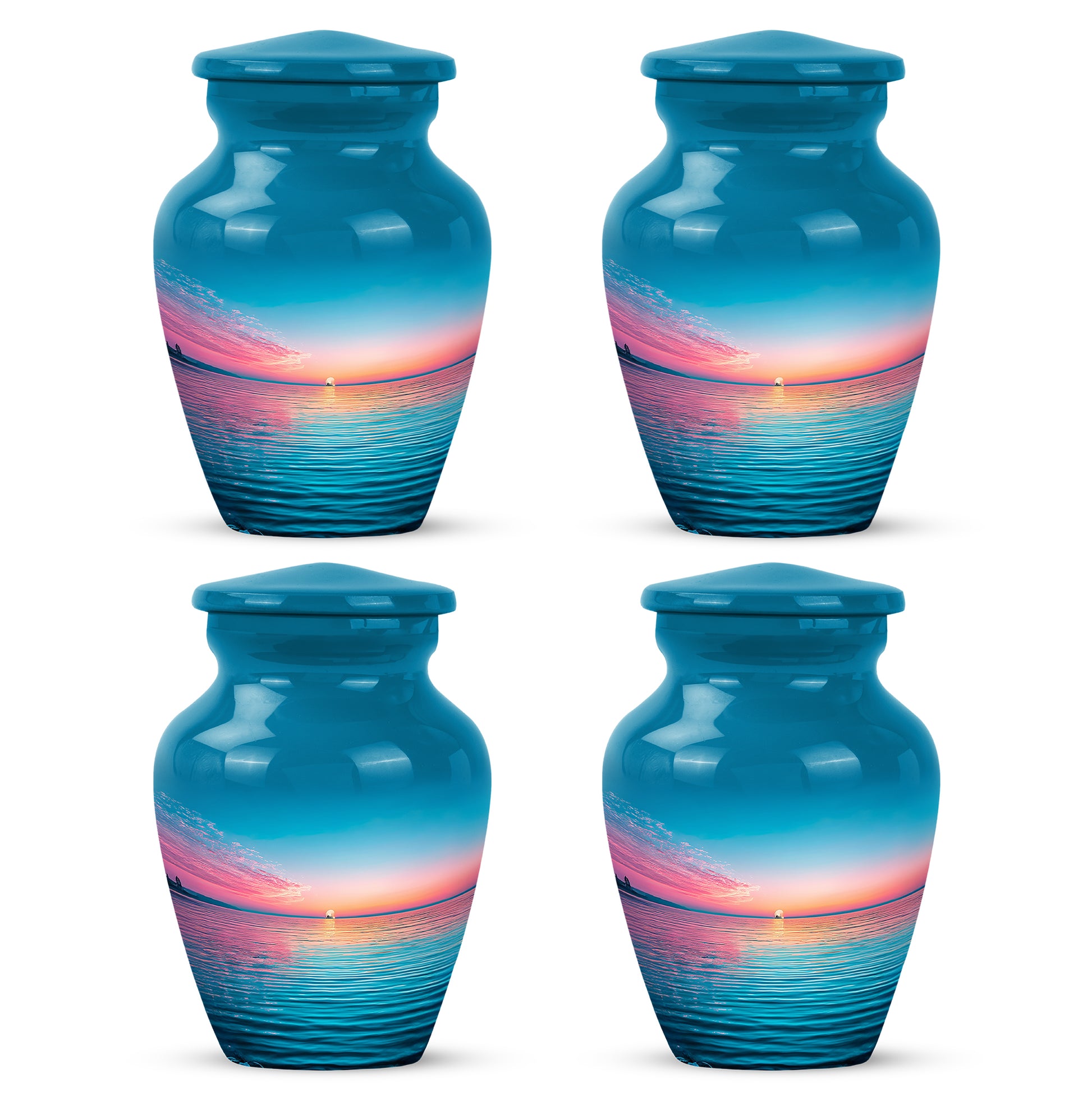 Misty Blue Beach Cremation Urn side profile showing urn shape - timeless beach motif etched into premium metal - 10 inch aluminum urn for cremated remains