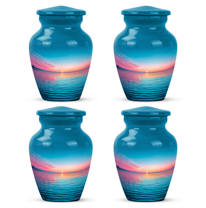 Misty Blue Beach Cremation Urn side profile showing urn shape - timeless beach motif etched into premium metal - 10 inch aluminum urn for cremated remains