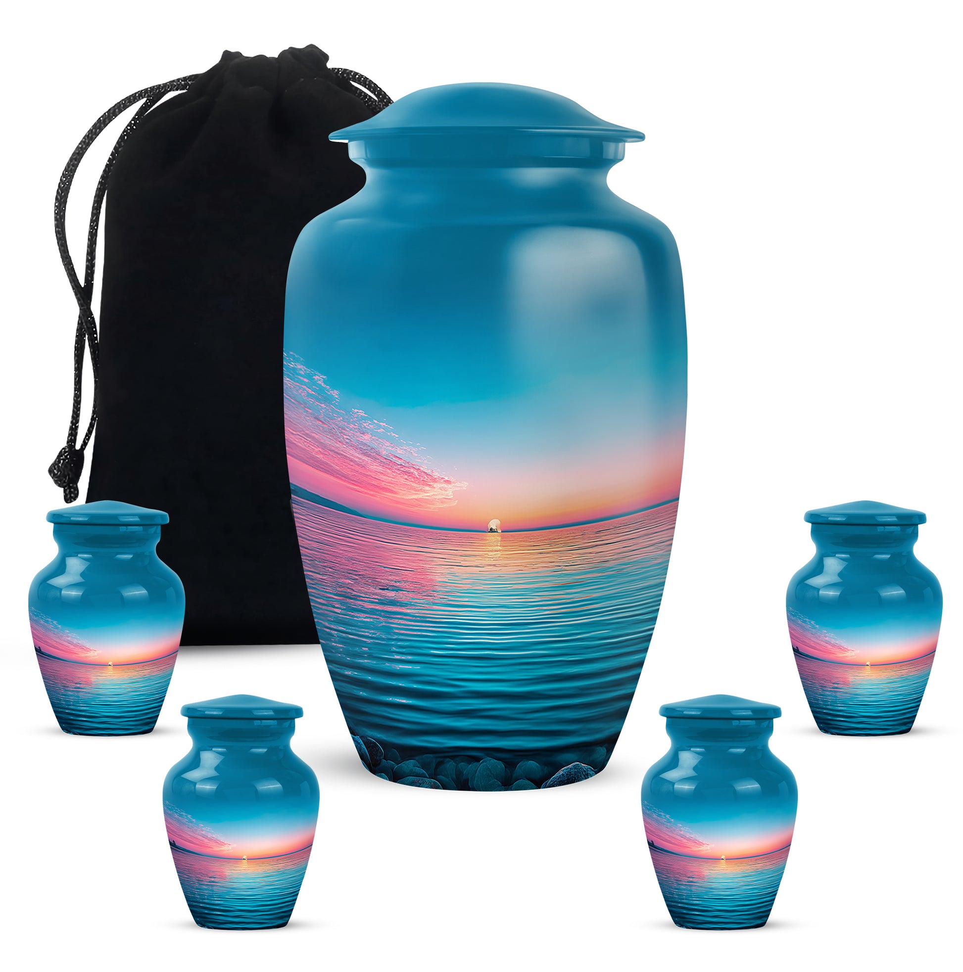 Pastel Blue Beach Cremation Urn top-down view of secure threaded lid - timeless beach motif etched into premium metal - memorial set with one large and four small urns