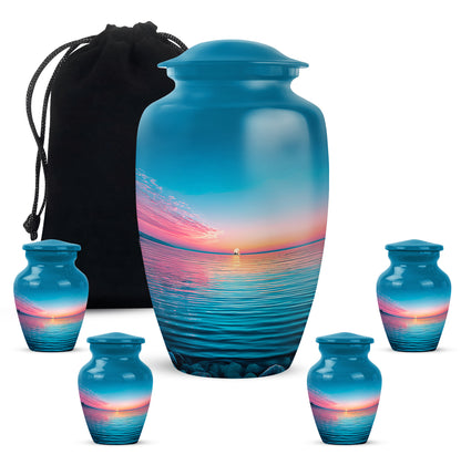 Pastel Blue Beach Cremation Urn top-down view of secure threaded lid - timeless beach motif etched into premium metal - memorial set with one large and four small urns