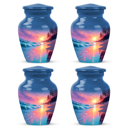 Serene Blue Beach Cremation Urn side profile showing urn shape - elegant classic beach relief with fine detailing - 10 inch aluminum urn for cremated remains