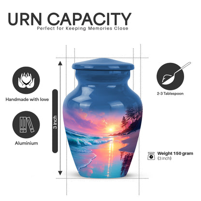 Royal Blue Beach Cremation Urn close-up of engraving and surface detail - traditional beach engraving with hand-polished finish - mini keepsake memorial for portion of cremation ashes
