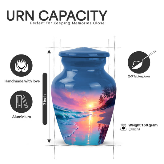 Royal Blue Beach Cremation Urn close-up of engraving and surface detail - traditional beach engraving with hand-polished finish - mini keepsake memorial for portion of cremation ashes