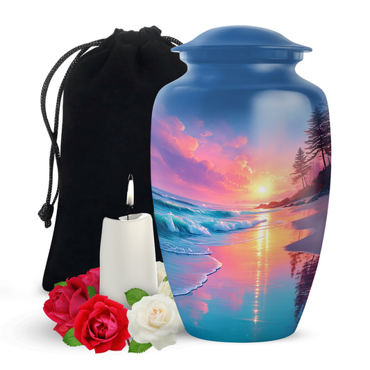 Cornflower Blue Beach Cremation Urn angled view of lid and engraved motif - elegant classic beach relief with fine detailing - full-size 10 inch 200 cubic inch adult cremation urn