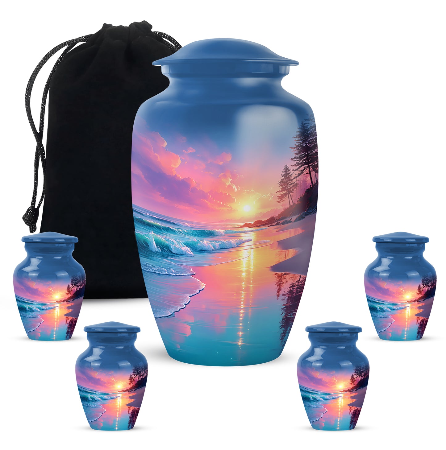 Indigo Beach Cremation Urn top-down view of secure threaded lid - classic sculpted beach pattern on smooth aluminum - memorial set with one large and four small urns
