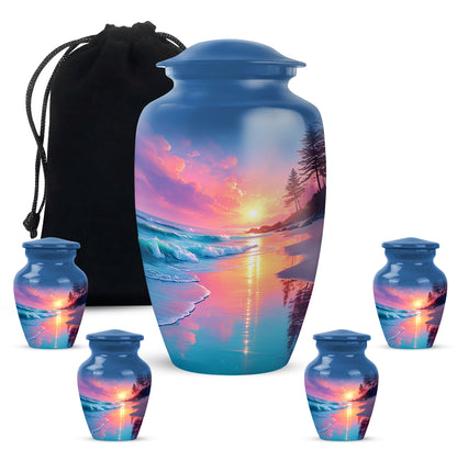 Indigo Beach Cremation Urn top-down view of secure threaded lid - classic sculpted beach pattern on smooth aluminum - memorial set with one large and four small urns