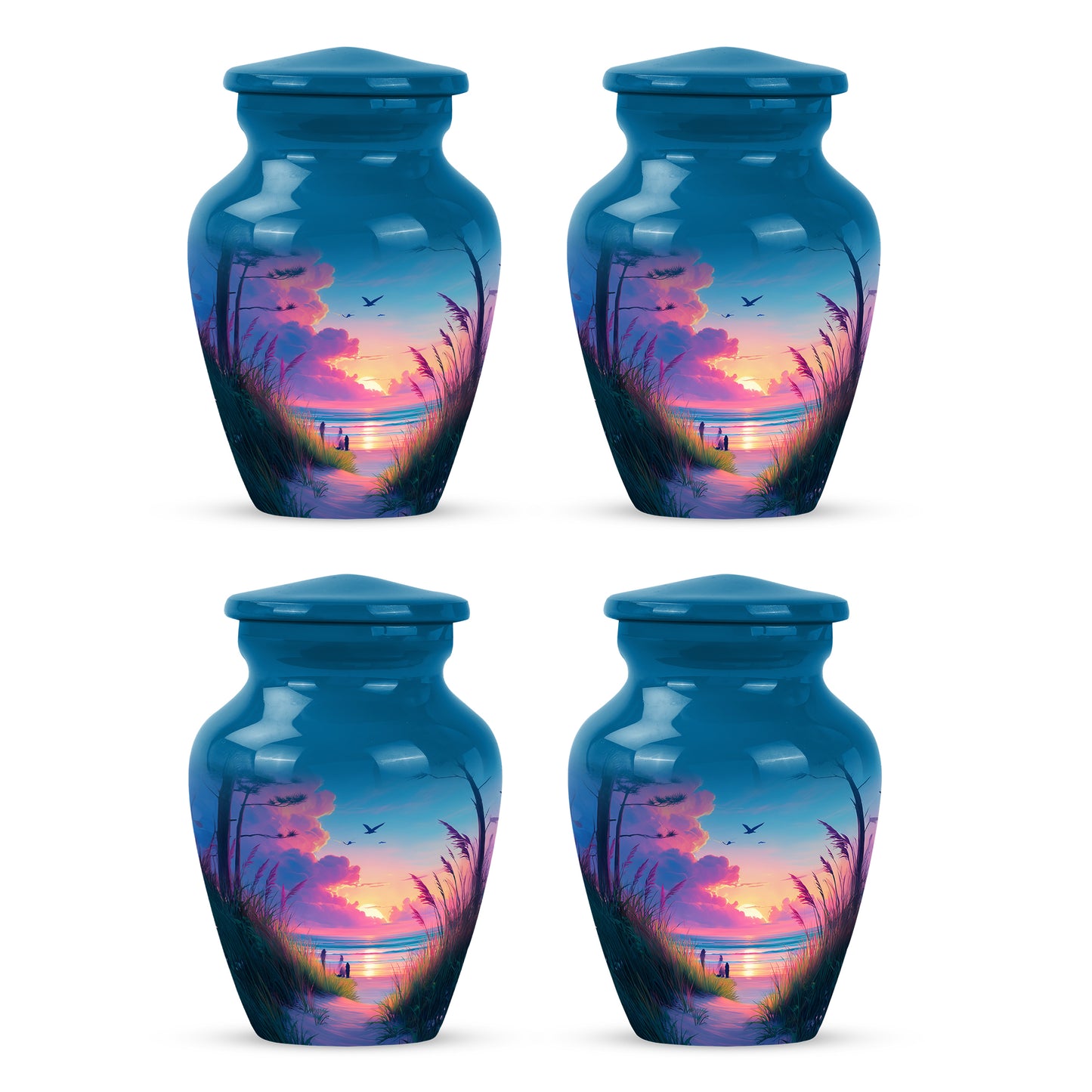 Soft Blue Beach Cremation Urn side profile showing urn shape - traditional beach engraving with hand-polished finish - 10 inch aluminum urn for cremated remains