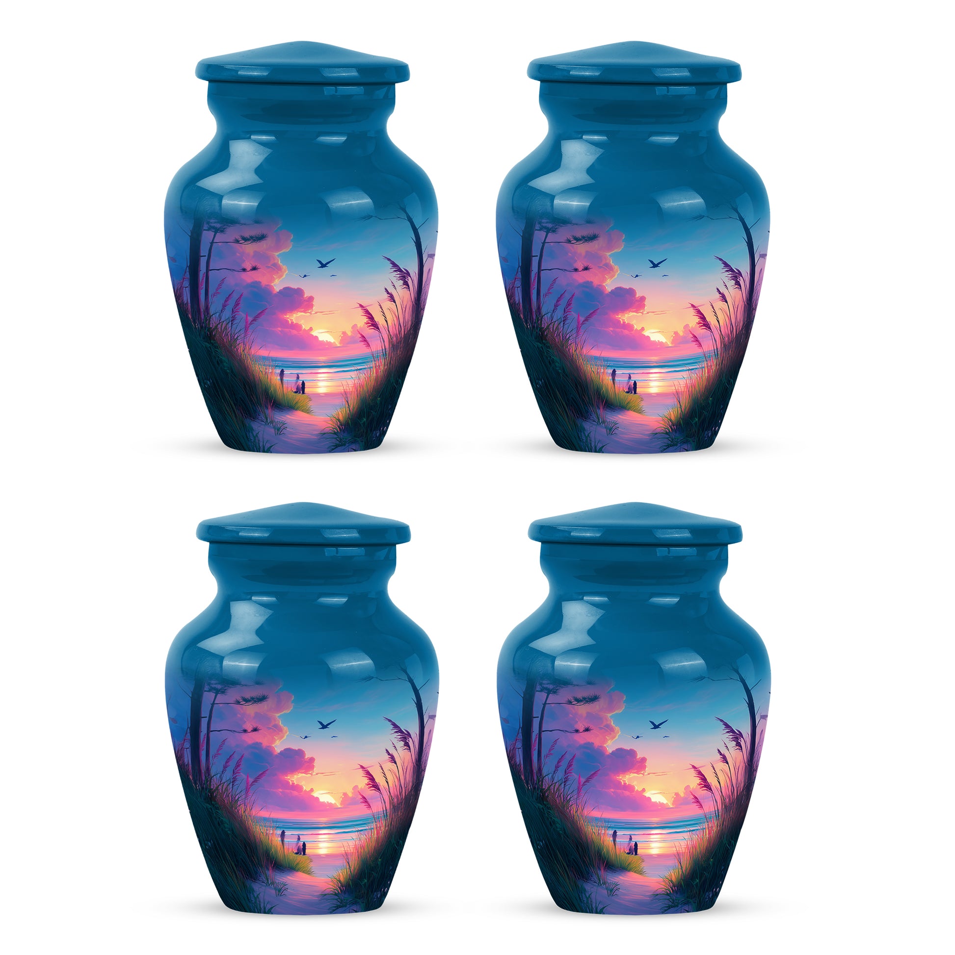 Soft Blue Beach Cremation Urn side profile showing urn shape - traditional beach engraving with hand-polished finish - 10 inch aluminum urn for cremated remains