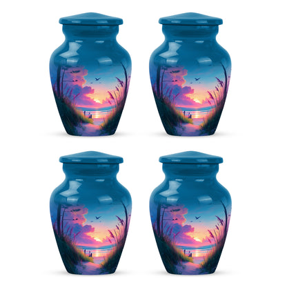 Soft Blue Beach Cremation Urn side profile showing urn shape - traditional beach engraving with hand-polished finish - 10 inch aluminum urn for cremated remains