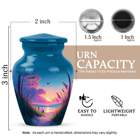 Cobalt Blue Beach Cremation Urn close-up of engraving and surface detail - elegant classic beach relief with fine detailing - mini keepsake memorial for portion of cremation ashes