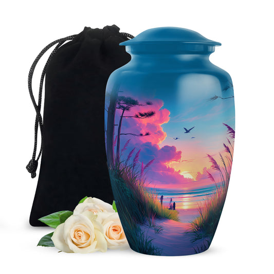 Soft Blue Beach Cremation Urn angled view of lid and engraved motif - traditional beach engraving with hand-polished finish - full-size 10 inch 200 cubic inch adult cremation urn