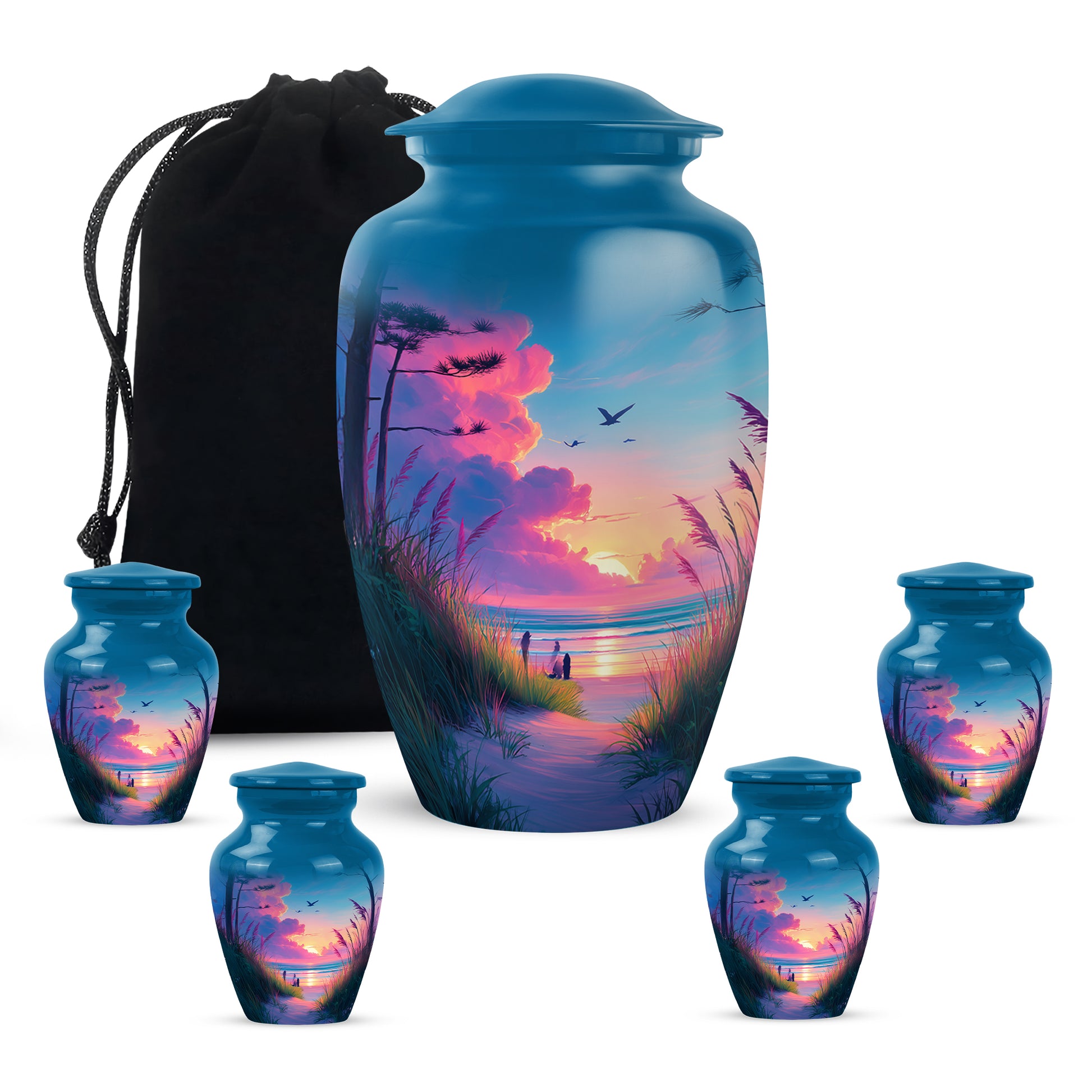 Pastel Blue Beach Cremation Urn top-down view of secure threaded lid - classic sculpted beach pattern on smooth aluminum - memorial set with one large and four small urns