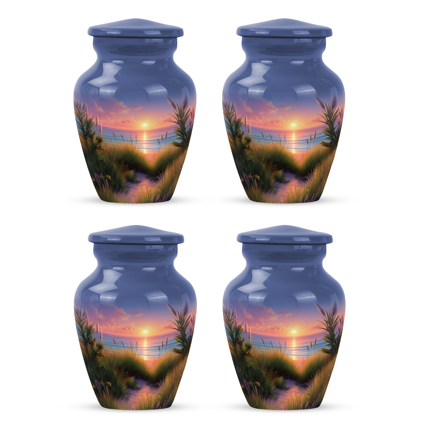 Twilight Blue Beach Cremation Urn side profile showing urn shape - traditional beach engraving with hand-polished finish - 10 inch aluminum urn for cremated remains