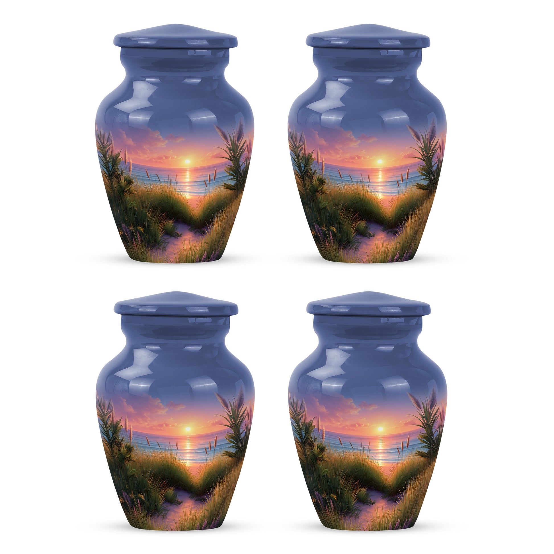 Twilight Blue Beach Cremation Urn side profile showing urn shape - traditional beach engraving with hand-polished finish - 10 inch aluminum urn for cremated remains