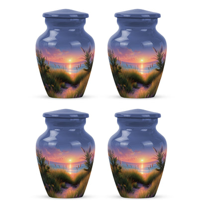 Twilight Blue Beach Cremation Urn side profile showing urn shape - traditional beach engraving with hand-polished finish - 10 inch aluminum urn for cremated remains